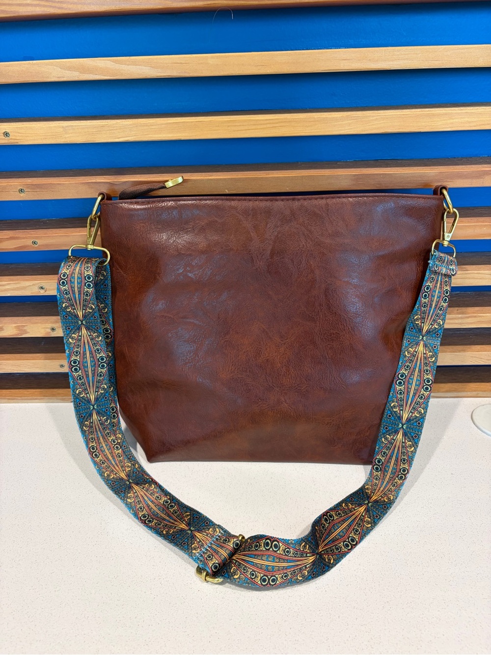 Brown Faux Leather Shoulder Bag with Patterned Teal Strap
